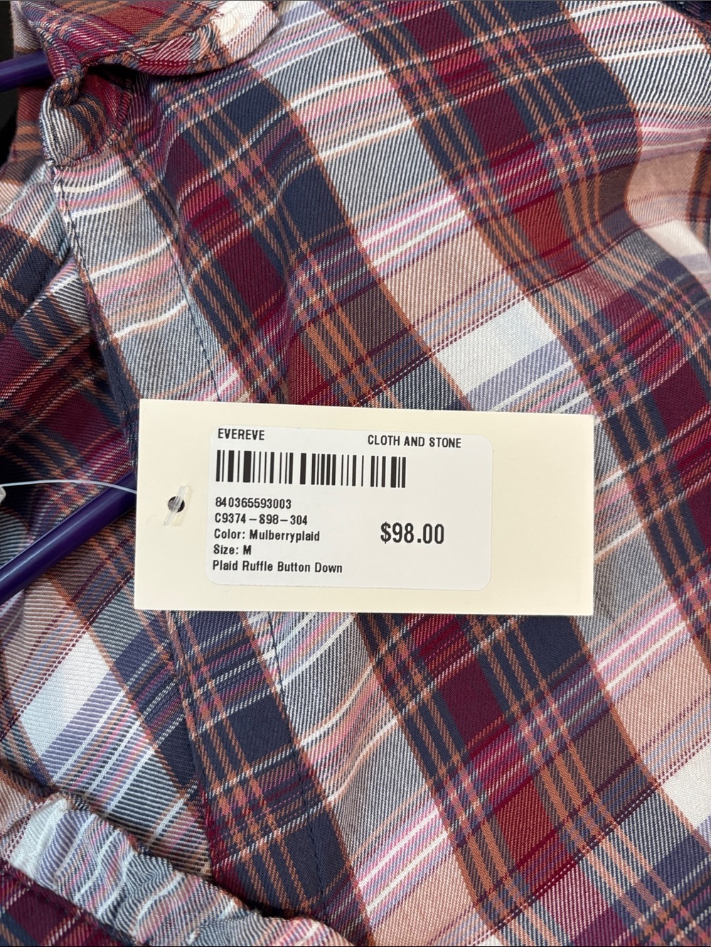 cloth & stone Plaid Button-Front Shirt in Mulberryplaid Size M NWT - Picture 4 of 4